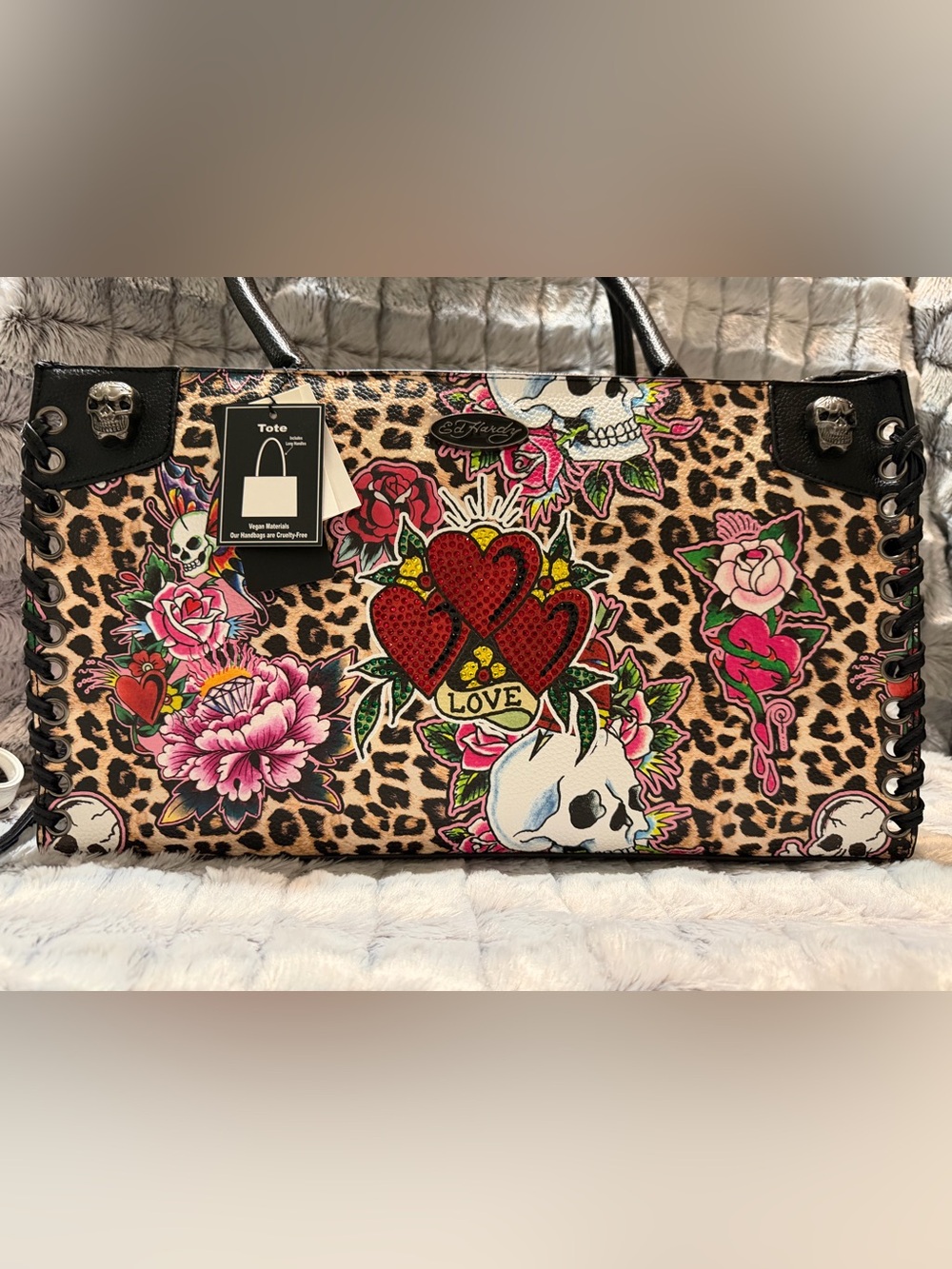 Ed Hardy Leopard Tote with Red Heart Cluster